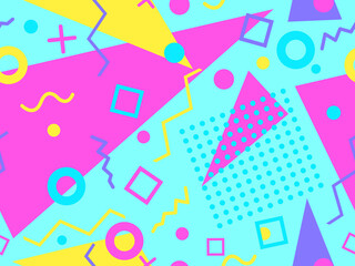 Geometric seamless pattern in 80s memphis style. Colorful background with geometric shapes. Design for promotional products, wrapping paper, brochures and printing. Vector illustration