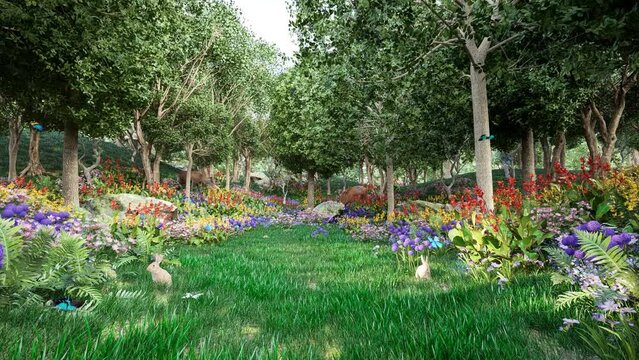 Animation of amazing nature There are green trees, colorful flowers, butterflies are flying. Wild animals looking for food, looking peaceful