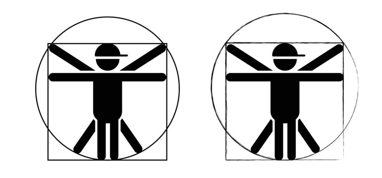 Stickman Businessman Vitruvian Man Symbol, Stick Figures Man, Leonardo Da Vinci. Fun Vector Ratio Icon Or Sign.  Cartoon Human, Anatomy Body Pictogram Or Logo.