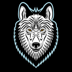 Wolf head vector drawing. Illustration of a wolf or dog head on a black background. Can be used for printing on t-shirts, posters, stickers. Calligraphic drawing. Tattoo design.