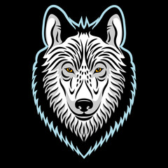 Wolf head vector drawing. Illustration of a wolf or dog head on a black background. Can be used for printing on t-shirts, posters, stickers. Calligraphic drawing. Tattoo design.