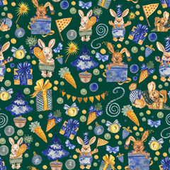 Watercolor pattern with cute rabbits, gifts, garlands and Christmas decorations