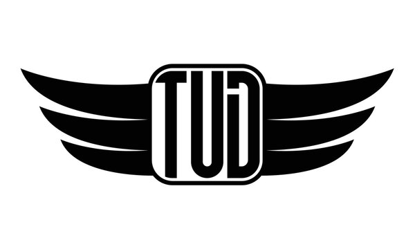 TUD three Letter wing minimalist creative concept icon eagle symbol professional black and white logo design, Vector template