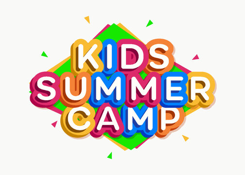 Vector kids summer camp card cartoon style for children holidays, summer holiday party, kids camping, fest, travel emblem, logo, label, sale banner, poster, invitation. 10 eps