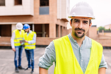 Portrait of confident architect male standing at outdoor construction building site with colleagues...