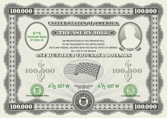 Vector gray 100,000 US dollar treasury bill. Guilloche grid, frame with green seals and ovals with ribbons. American flag, Wilson