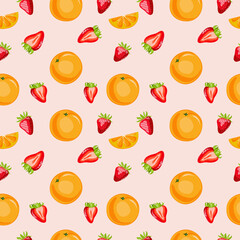 Seamless pattern with oranges and strawberries.