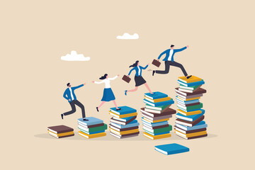 Knowledge or education to help business success, wisdom or learning to help employee achieve goal, training or education course concept, people running on growth book stack to achieve goal.