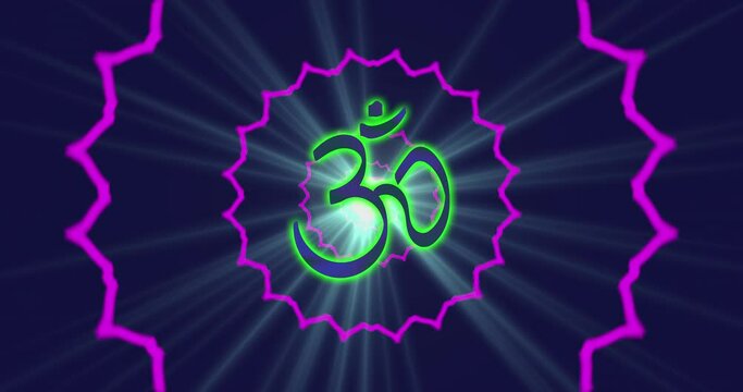 Looped animation of enlightenment with multi-colored energy of chakra aura fields forming divergent patterns of the symbolic lotus and the Indian sign OM. Video for VJing