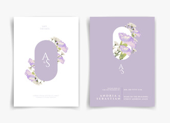 purple wedding card or invitation card with purple flower and leaf theme front side and back side. Nature wedding card. Nature cover. Wedding card template.