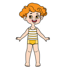 Cute cartoon boy with curly hair dressed in underwear barefoot color variation for coloring on a white background