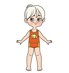 Cute cartoon boy with classic haircut dressed in underwear barefoot outline for coloring on a white background