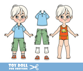 Cartoon blond boy dressed and clothes separately - blue T-shirt, breeches and sneakers doll for dressing