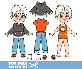 Cartoon blond boy dressed and clothes separately - red T-shirt, blue jeans, hoodie, and sneakers doll for dressing