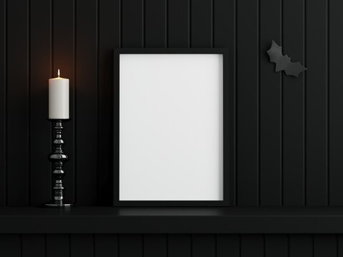 Halloween frame mockup, Black verical frame on the black wall with candle, 3d render