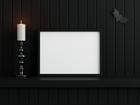 Halloween frame mockup, Black horizontal frame on the black wall with candle, 3d render