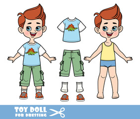 Cartoon boy with brunette hair dressed and clothes separately -T-shirt with stegosaurus, breeches with additional patch pockets and sneakers doll for dressing