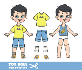 Cartoon brunette boy dressed and clothes separately -  yellowT-shirt, blue jeans shorts and orange sneakers doll for dressing