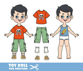 Cartoon brunette boy dressed and clothes separately - T-shirt, breeches with additional patch pockets and orange sneakers doll for dressing