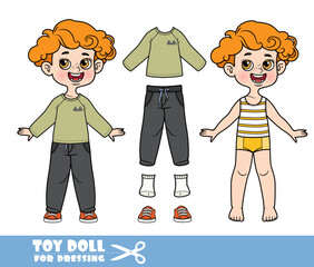 Cartoon redhaired boy dressed and clothes separately -  T-shirt with long sleeve, black jeans and sneakers doll for dressing