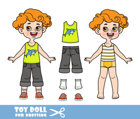Fototapeta na wymiar Cartoon redhaired boy dressed and clothes separately - T-shirt with shark print, shorts and sneakers doll for dressing