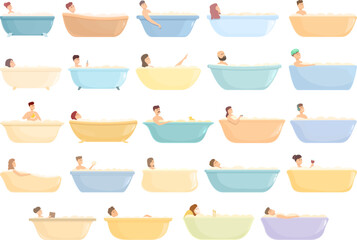 Take a warm bath icons set cartoon vector. Foam girl. Scrub glove