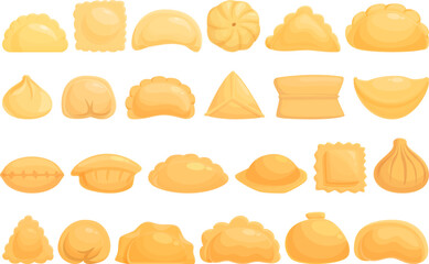 Dumplings icons set cartoon vector. Wonton pelmeni. Ravioli food