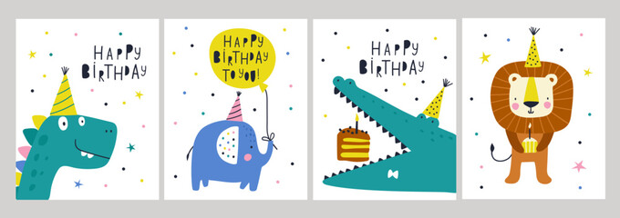 Happy birthday cards set with animals. Vector illustrations