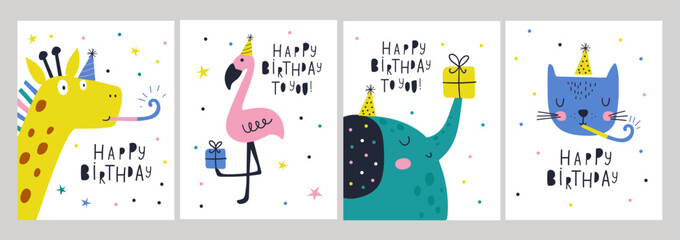 Happy birthday cards set with animals. Vector illustrations © 210484kate