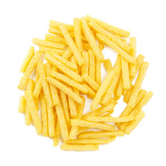 Calorie food, french fries on a white background.