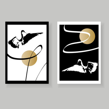 Set of minimalistic elegant wall decor posters. Black, white and gold birds, lines, nature with grungy texture. Creative templates for cards, posters, covers, labels, home decor.