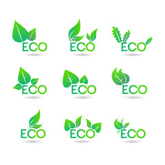 Ecology icon set. Eco-icons. Green leaf on white background