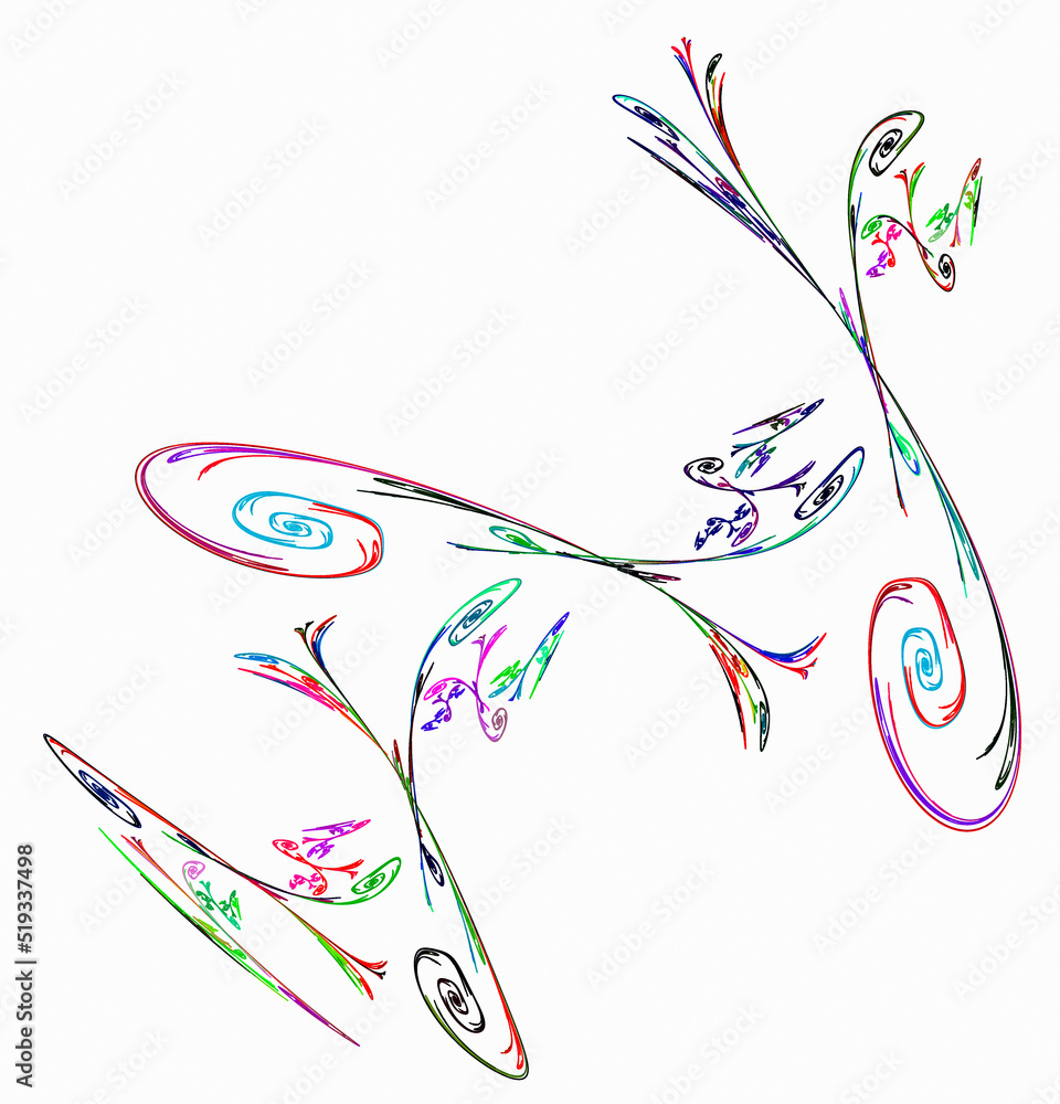 Poster the curves end in colorful spirals of different sizes, the elements intersect and are arranged diago