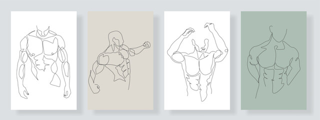 Continuous line male figure naked, strong muscular, healthy vector illustration hand drawn design print graphics style