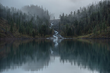 Le ruisseau de montagne coule des collines forestières dans le lac glaciaire dans un mystérieux brouillard. Petite rivière et conifères reflétés dans un lac alpin calme tôt le matin. Paysage brumeux tranquille avec lac de montagne.