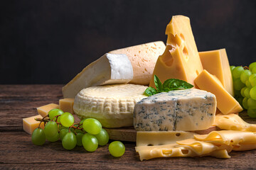 Assortment of different types of cheeses on a black background. A set of cheeses. Side view, copy space