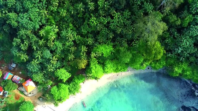From above the fisherman beach at Ilheu das Rolas with the turquoise color of the sea at ,Sao Tome Africa