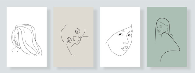 Surreal Faces Continuous line, drawing of set faces and hairstyles, fashion concept, woman's beauty, minimalist, vector illustration, pretty sexy. Take care of yourself.