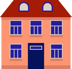 Vector simple drawing of a house. Two story red building. House icon with windows and door for print and web.