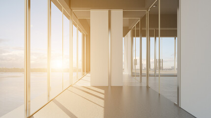 Sunset.. Open space office interior with like conference room. Mockup. 3D rendering.