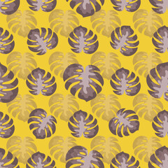 Exotic palm leaves seamless pattern, brown tropical leaves on a yellow background 