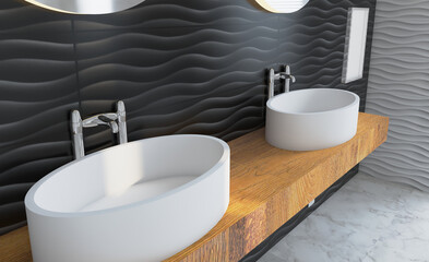 Naklejka na ściany i meble Scandinavian bathroom, classic vintage interior design. 3D rendering.. Mockup. Empty paintings