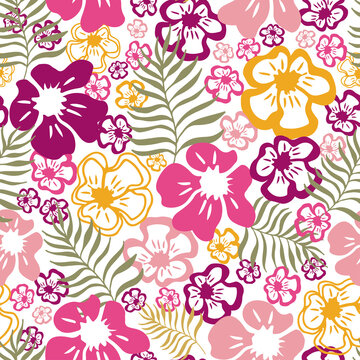 A colorful summer pattern with exotic flowers and leaves, a joyful tropical floral background