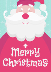 Christmas greeting card with cute santa claus and sign Merry Christmas on green holiday background with snowflake flat color style. Cartoon illustration. Vector Illustration