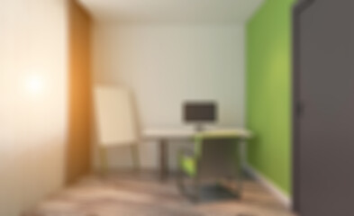 Modern office building interior. 3D rendering.. Sunset.. Abstract blur phototography.