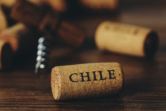 The concept of Chilean wine and winemaking. A wine cork with the name of the country "Chile" in the foreground and a corkscrew with other wine corks out of focus.