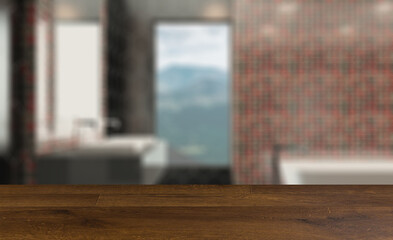 Modern Bathroom Interior Design. 3D rendering.. Background with empty wooden table. Flooring.