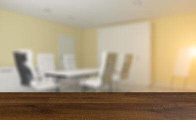 Fototapeta na wymiar Elegant office interior. Mixed media. 3D rendering.. Sunset.. Background with empty wooden table. Flooring.