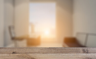 Elegant office interior. Mixed media. 3D rendering.. Sunset.. Background with empty wooden table. Flooring.