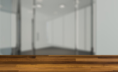Blank office interior.  Mockup.  3D rendering.. Background with empty wooden table. Flooring.